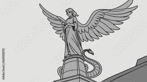Vector drawing of the angel of independence statue with snake and wings in gray tones detailed art