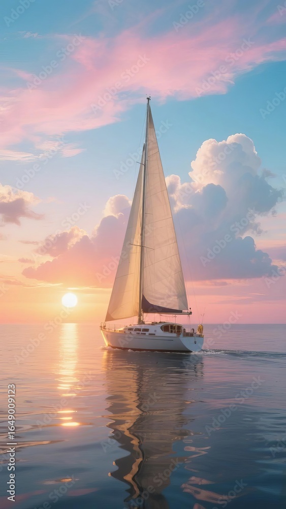Fototapeta premium Sailboat Gliding on Calm Waters at Sunset