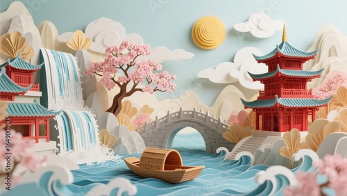 Paper Art Depiction of Traditional Asian Landscape with Temples, Cherry Blossoms, and a Rowboat