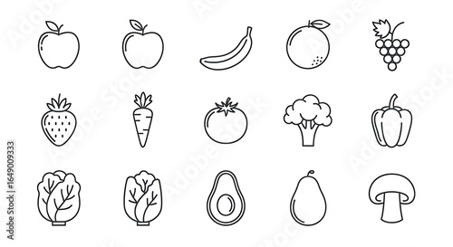 Outline Icons of Various Fruits and Vegetables
