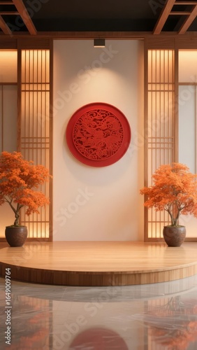 Traditional Asian Interior with Red Circular Wall Art and Orange Trees