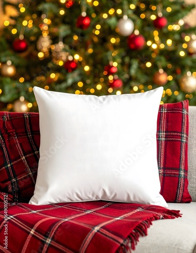 Ultra realistic white square pillow mockup on a couch with a festive Christmas tree background for holiday home decor designs.