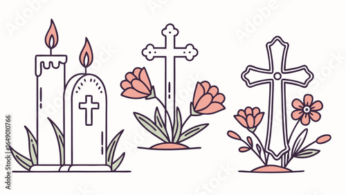 Memorial grave decoration with flowers and candles for remembrance day vector graphic design element art
