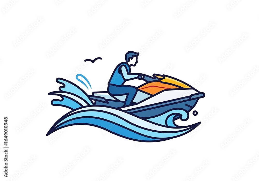 Naklejka premium Man on Jet Ski in Water Waves, Colorful Outline Illustration
