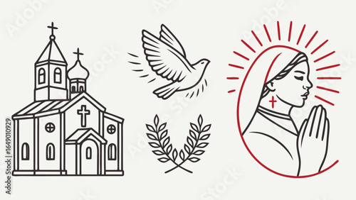 Christian church religion faith vector icons set with dove virgin mary and laurel wreath line art design