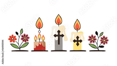 Candles and flowers memorial day remembrance design with religious cross for celebration and decoration art