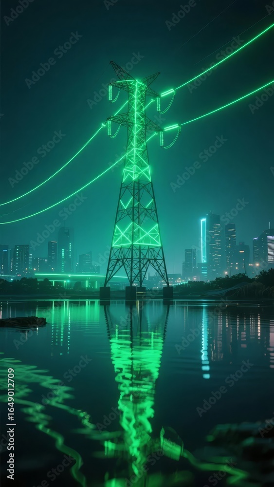 Fototapeta premium Glowing Green Electrical Tower Reflected in Water at Night