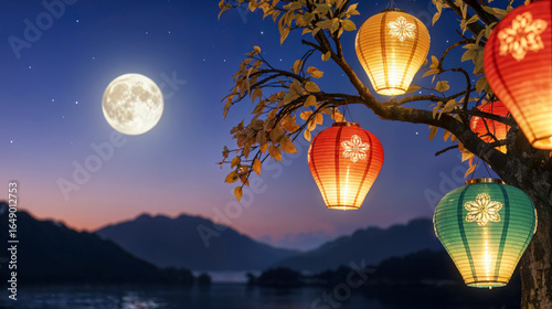 Colorful lanterns on tree with full moon over serene lake and mountains at night, Mid-Autumn Festival celebrate