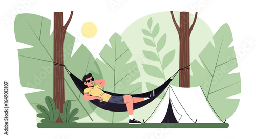 Man Relaxing In Hammock Enjoying Camping In Nature Peacefully Scene