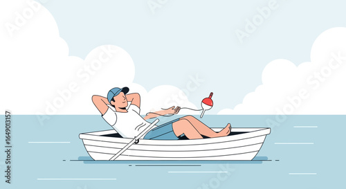 Man Relaxing On A Boat Catching Fish Enjoying Summer Day Flat Vector