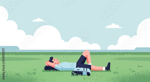 Man Relaxing On Green Field Under Sky Enjoying Peace and Tranquility