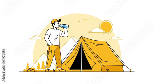 Man Relaxing While Camping And Enjoying A Refreshing Drink Of Water