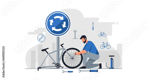 Man Repairing Bicycle In Shared Use Zone Depicting Sustainable Transportation Solutions