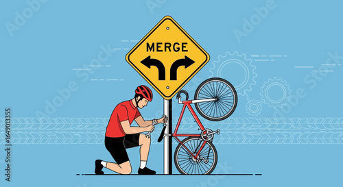 Man Repairing Bicycle Next To Merge Road Sign On A Blue Background