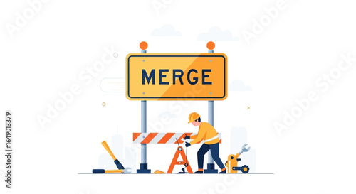 Merge Project Illustration Construction Worker Behind Roadblock with Construction Equipment