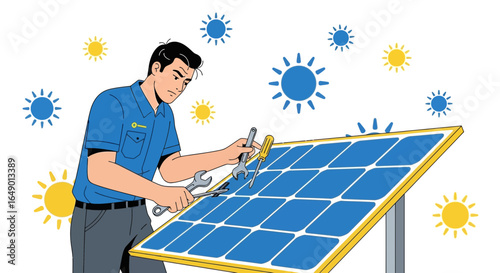 Man repairing solar panel energy with blue and yellow sun icons scattered around for sustainable solutions