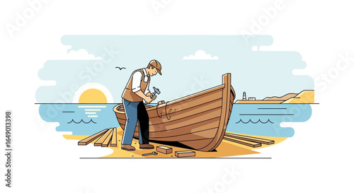 Man Repairing Wooden Boat on Seaside Coastline at Sunrise with Nautical Vibe