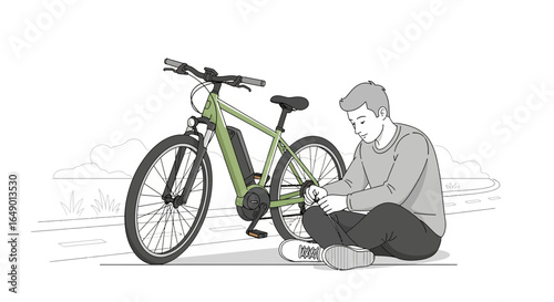 Man Resting Next To His Electric Bike After Cycling On The Road