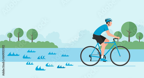 Man Riding Bicycle Along Lakeside Enjoying Outdoor Recreation And Healthy Lifestyle