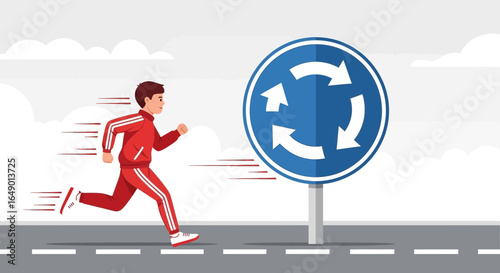 Man Running In Circles Conceptualizing Repetitive Cycles Under Roundabout Road Sign