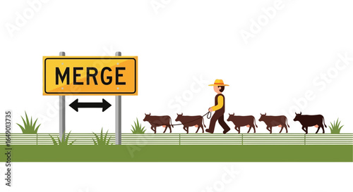 Merging Herds Conceptual Illustration Of A Cowboy Guiding Cattle To Merge Point