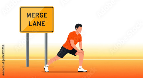 Merging Fitness: Man Stretching Near a Merge Lane Sign for Healthy Lifestyle