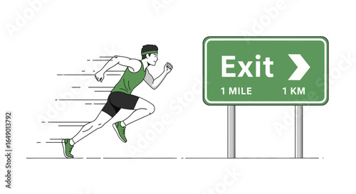 Man Runs Past Exit Sign Conveying Speed Endurance And Goal Achievement