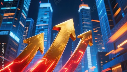 Golden Arrows Ascending Amidst a Futuristic Cityscape