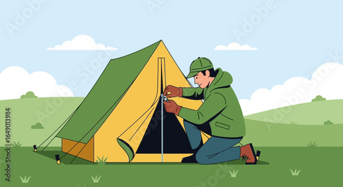 Man Setting Up Tent On Campground In Sunny Day Holiday Adventure
