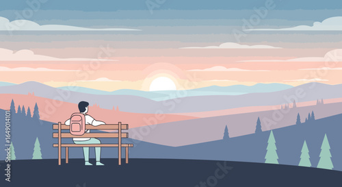 Man Sits On Bench Enjoying Beautiful Mountain Sunset Nature Scenery