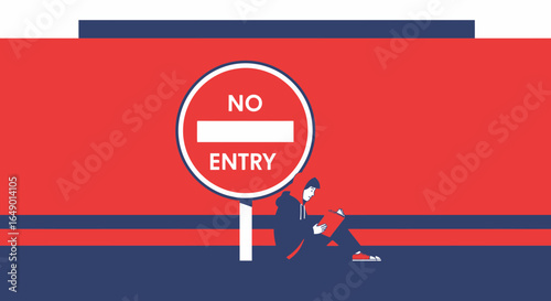 Man Sits By No Entry Sign Reading a Book Flat Vector Illustration