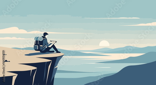 Man Sits on Cliff Edge and Writes at Sunrise Against Mountain Scenery