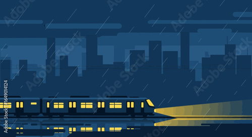 Midnight Journey Cityscape Flat Design Of A Commuter Train Passing By In The Rain
