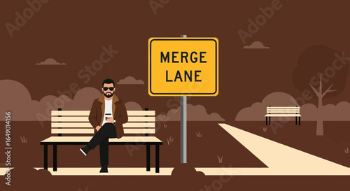 Man Sits on Park Bench Near a Merge Lane Sign During Coffee Break