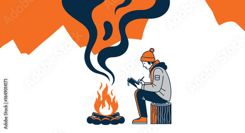 Man Sitting By Campfire Writing In Nature Near Mountains With Fire Flame