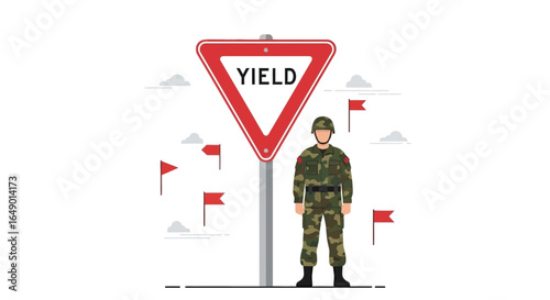 Military Conscription Concept Soldier Standing Near Yield Sign With Flags Around
