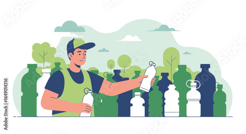 Man Sorting Recyclable Plastic Bottles For Environment Protection And Sustainability