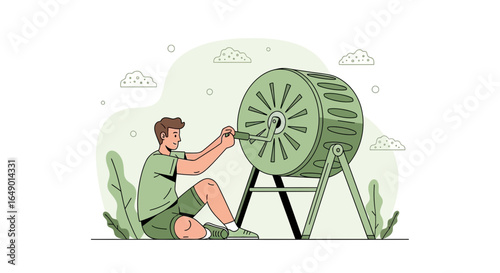 Man Spinning Raffle Drum for Lucky Draw or Competition Concept Illustration