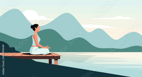 Mindful Serenity A Woman Meditates On a Dock Near Mountain Serene Lake