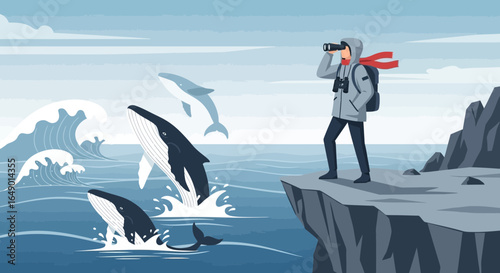 Man Spotting Breaching Whales From Rocky Cliff Edge on Open Ocean Adventure