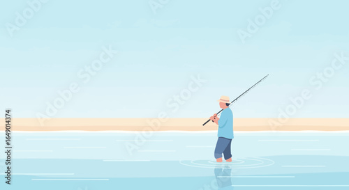 Man Standing In Ocean Water With Fishing Rod On A Relaxing Sunny Day