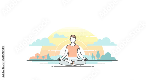Mindful Woman Meditating Outdoors In Peaceful Nature Scenery Flat Vector