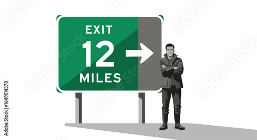 Man Standing Near Highway Exit Sign, Twelve Miles Indicating Near The Destination