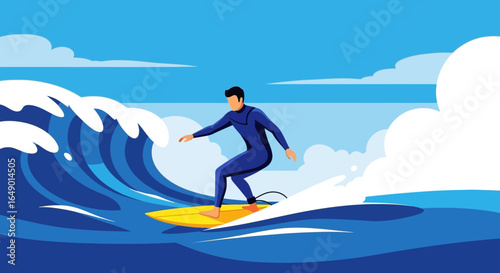 Man Surfing On A Wave In The Sea During A Sunny Day Illustration