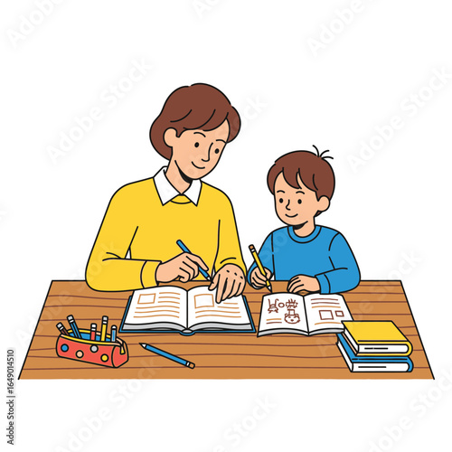 A caring mother helping her young son with his homework at a desk. An illustration of homeschooling, parental support, and childhood education.