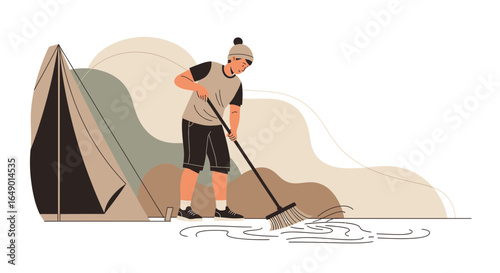 Man Sweeping Water Near Tent In Campground Flat Vector Illustration