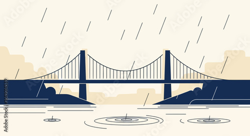 Minimalist bridge illustration in the rain, featuring clean lines and a muted color palette evoking peacefulness and solitude