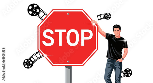Man Symbolizes Cessation Of Film Production With A Symbolic Stop Sign