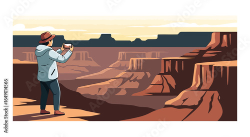 Man taking a photo of grand canyon landscape during travel vacation for social media
