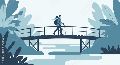 Man Trekking Across Bridge Surrounded By Scenic Nature In Blue Tones